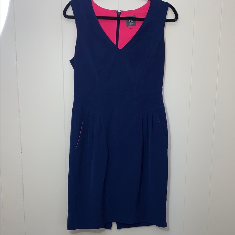 Vince Camuto Navy Sleeveless Dress SIZE 8 Front Pockets Zip Back Lined Bodice
